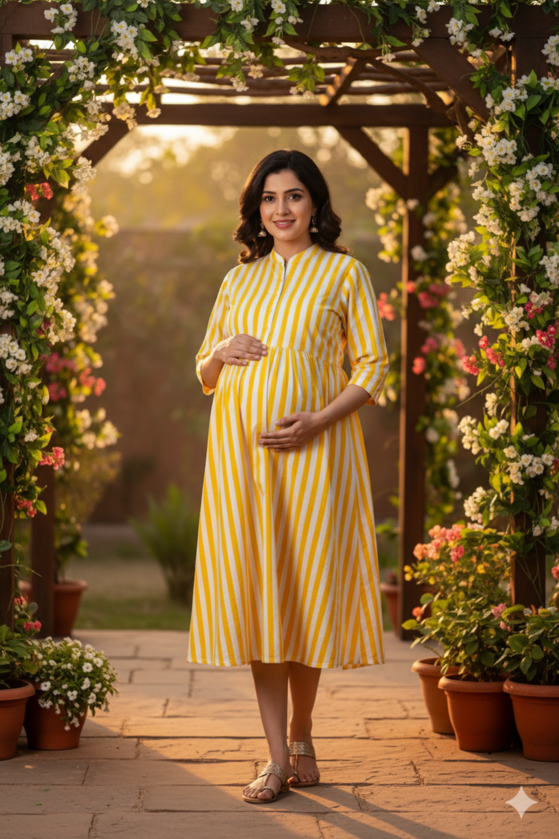 Yellow and White Stripes Maternity Dress