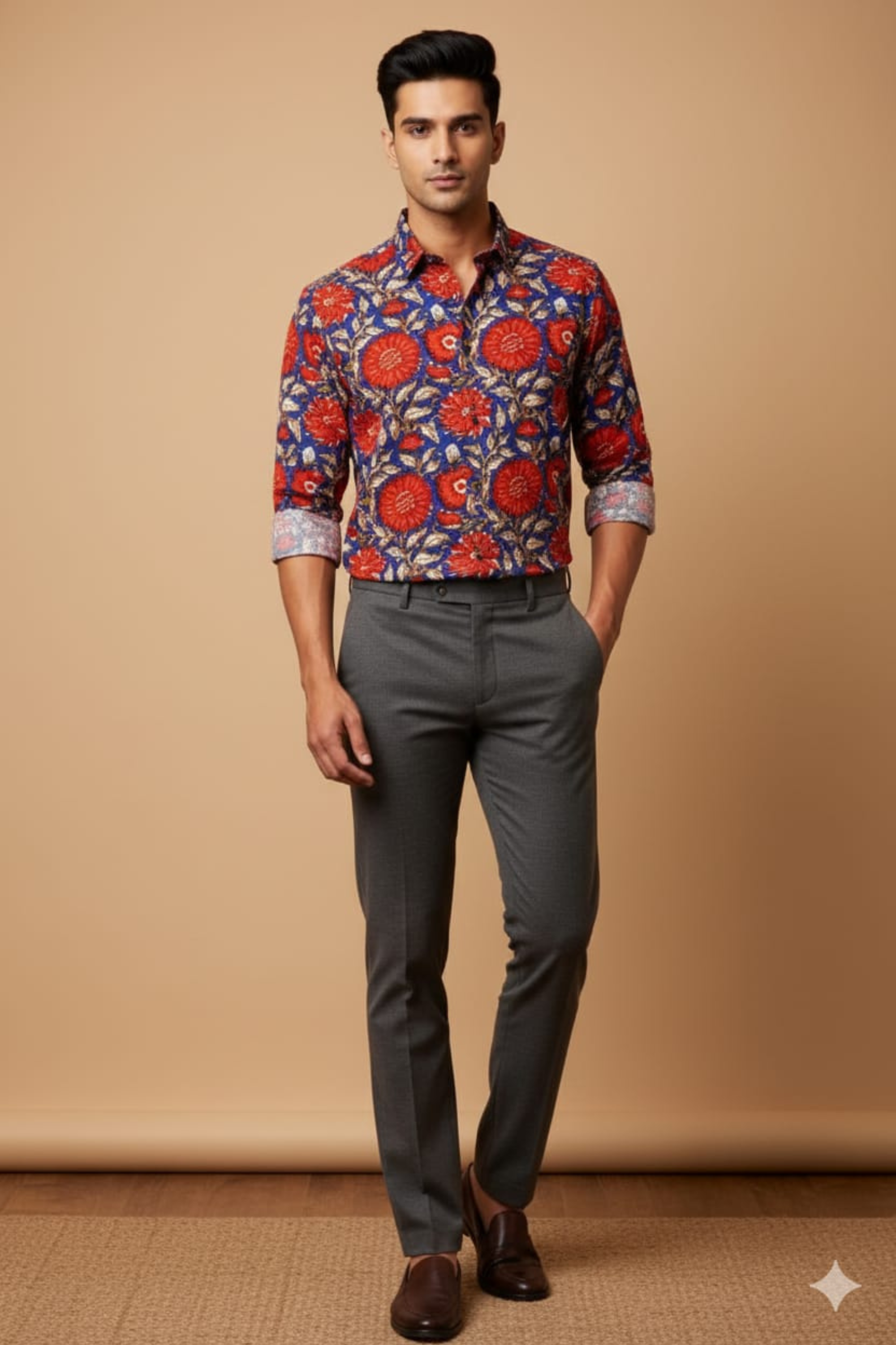 Red and Blue Floral Print Father Son Twinning Set