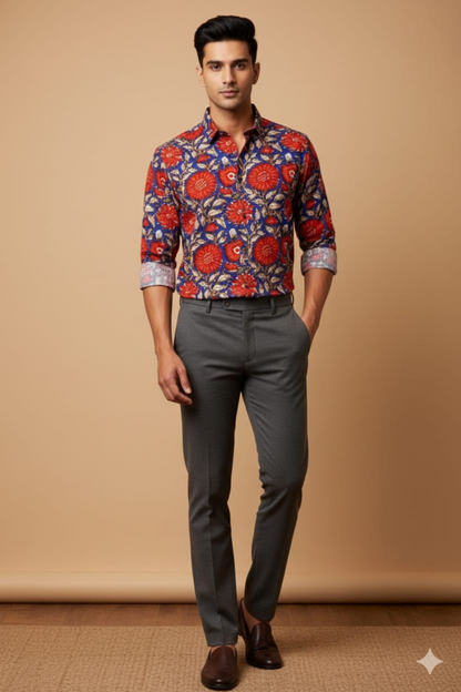Red and Blue Floral Print Father Son Twinning Set