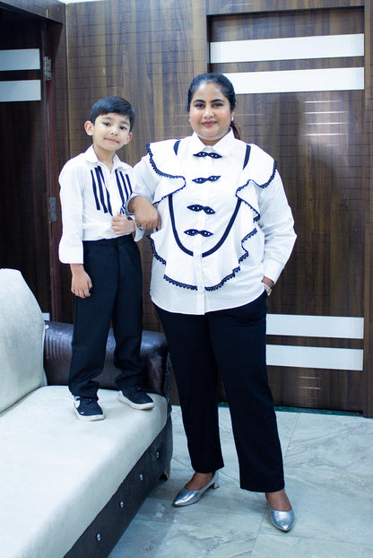 White Frill Shirt Mother Son Combo