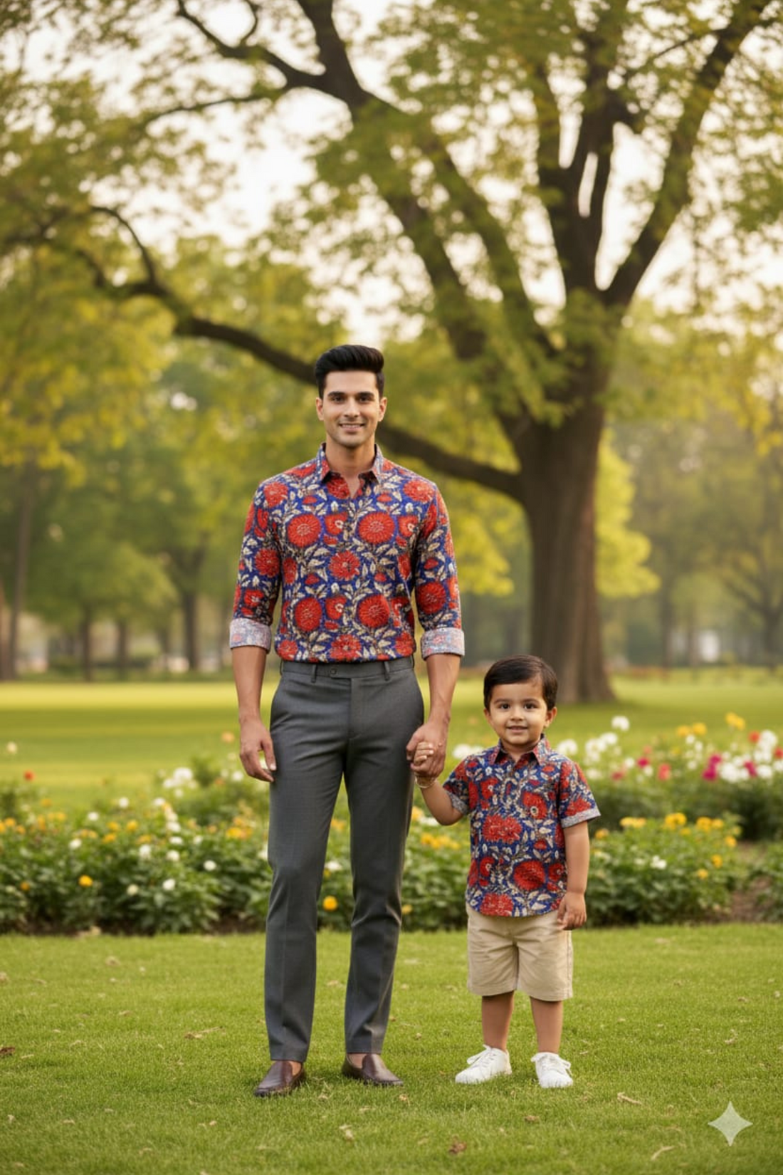 Red and Blue Floral Print Father Son Twinning Set