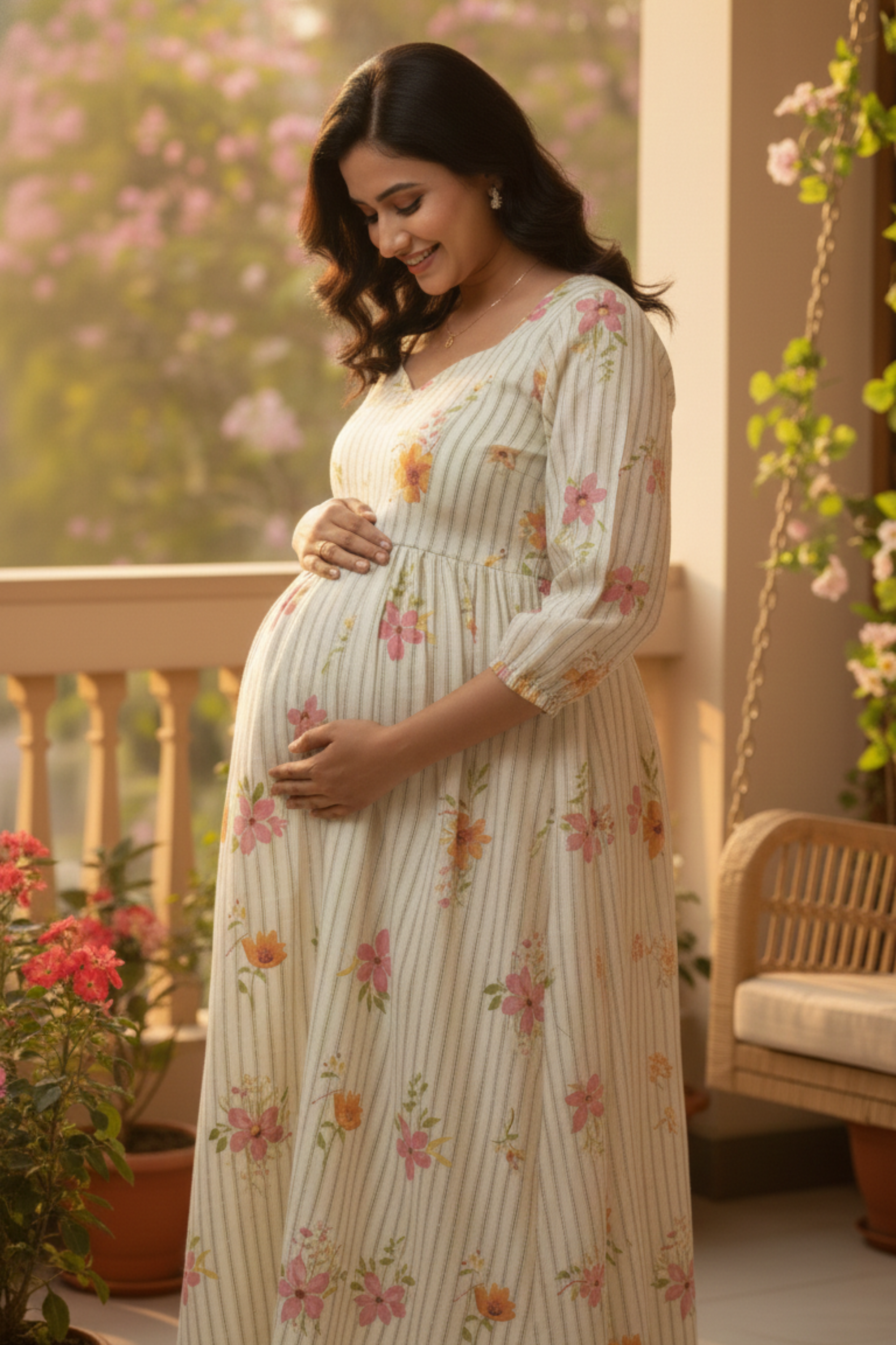 Stripes with Floral Maternity Dress