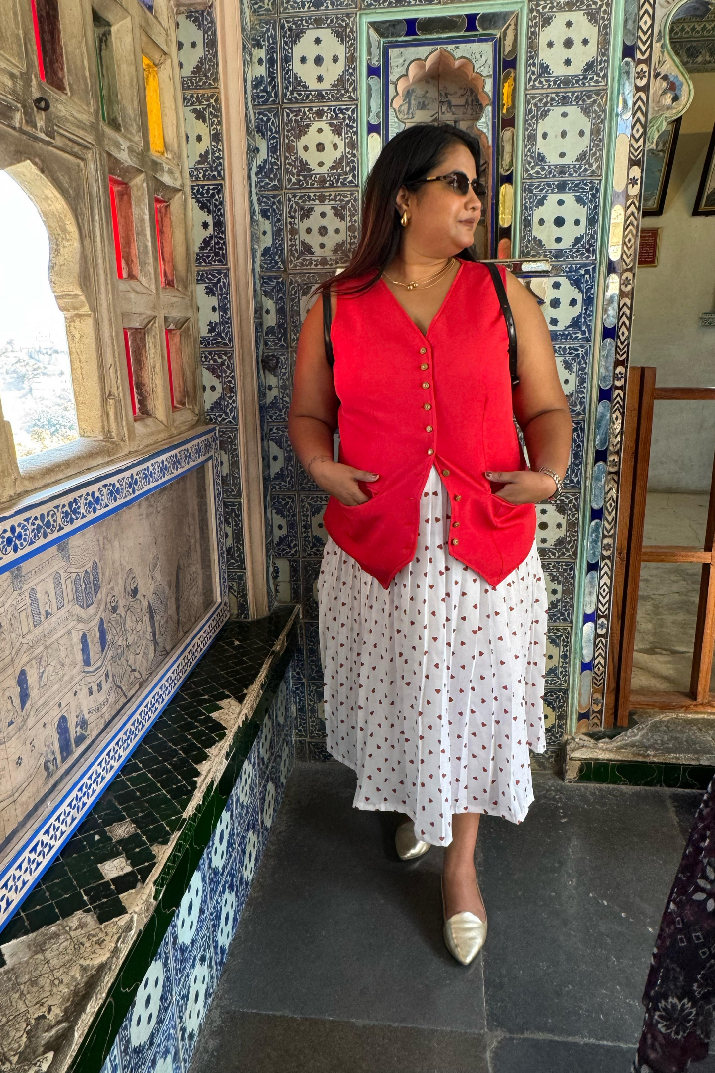 Mommy & Me Red Vest Coat Co-ords with Heart Print Pleated Skirt