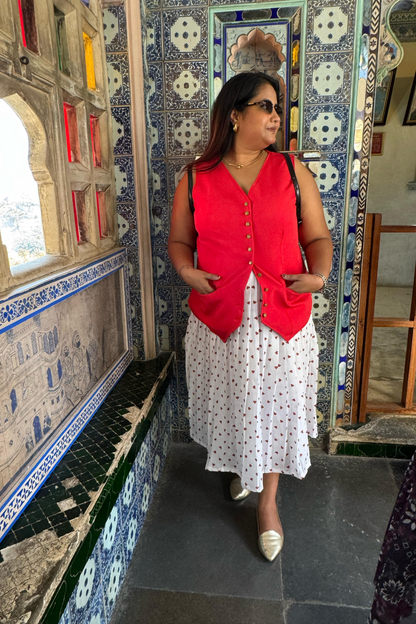 Mommy & Me Red Vest Coat Co-ords with Heart Print Pleated Skirt