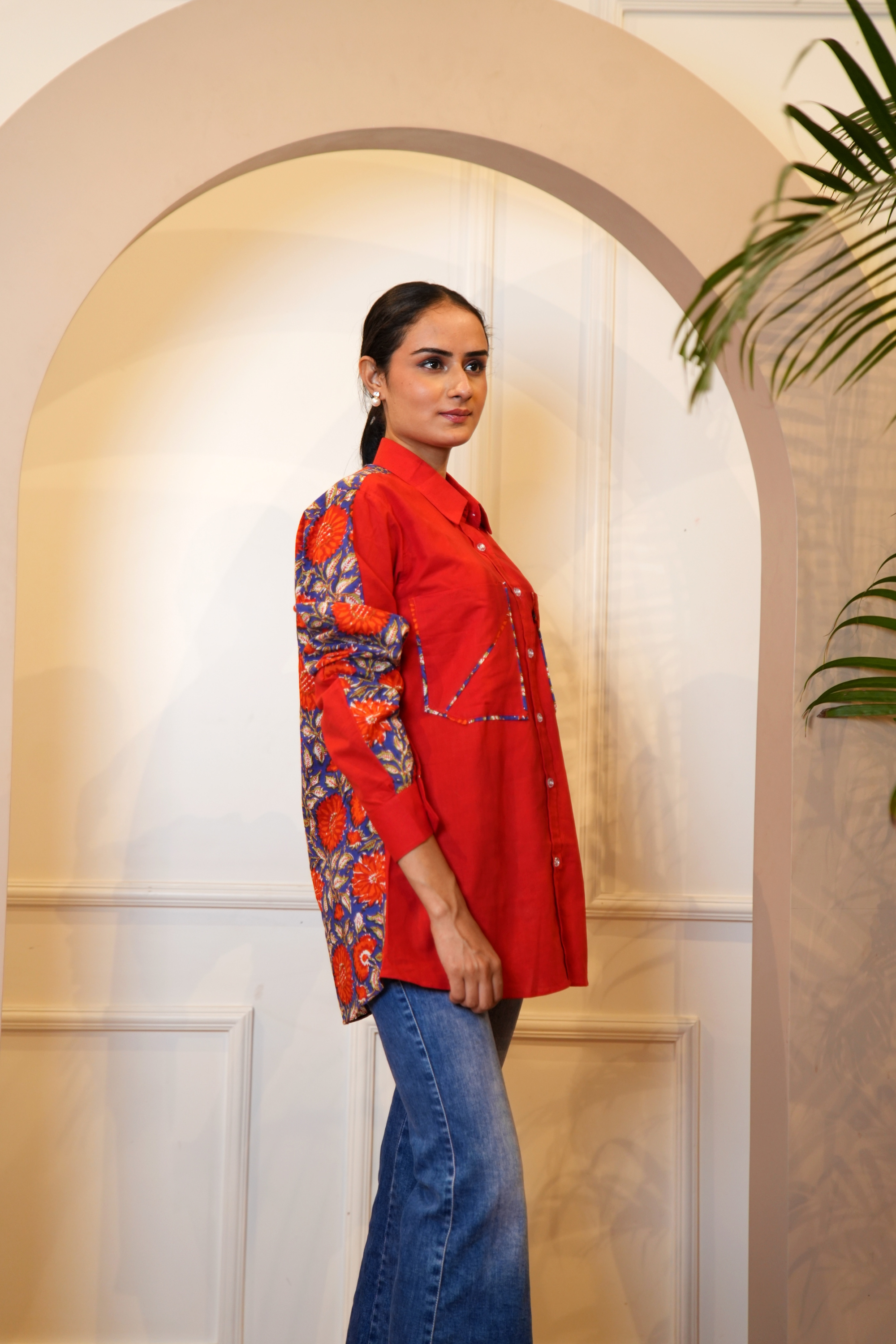 Red and Blue Floral Shirt Twinning Set