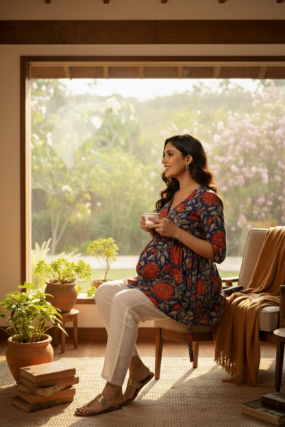 Red and Blue Floral Maternity Top
