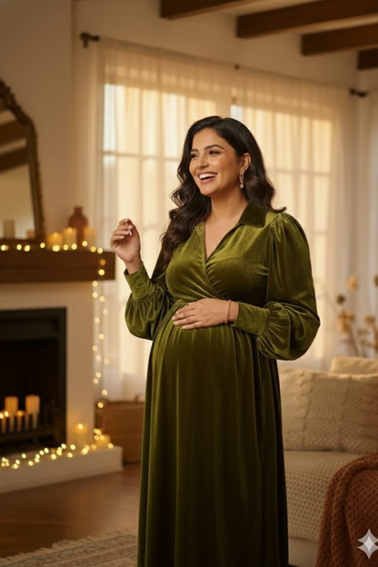 Olive Green Velvet Maternity Dress