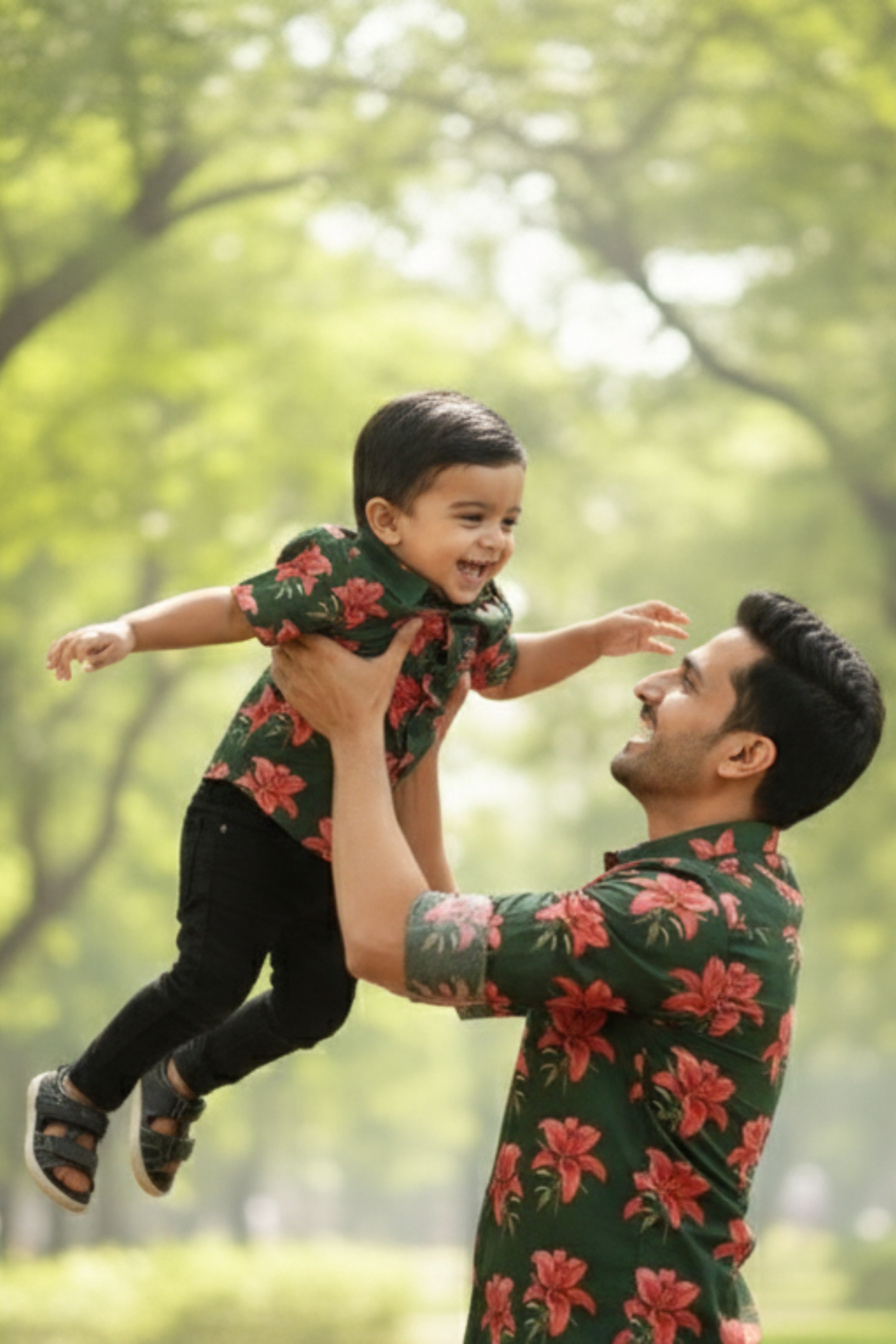 Dark Green Floral Print Father Son Twinning Set