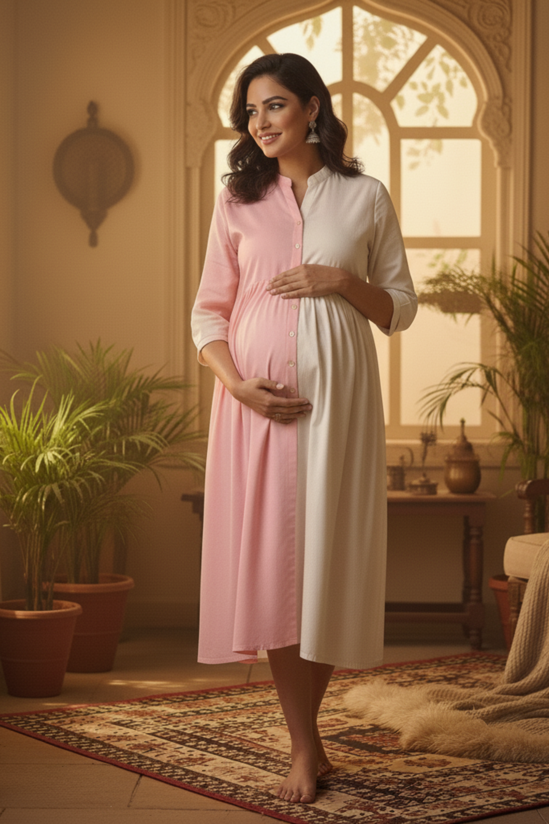 Pink and White Colorblock Maternity Dress