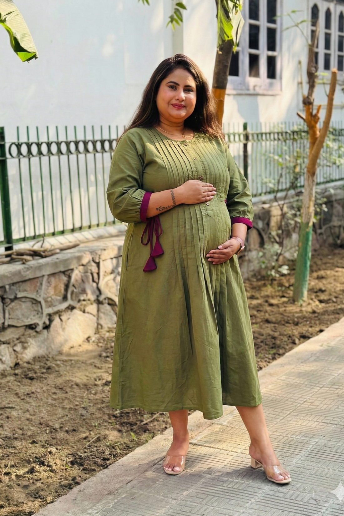 Olive Green Ribbon Maternity Dress
