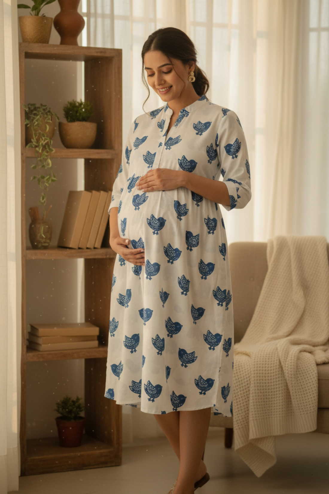 Blue Bird Print Maternity Dress