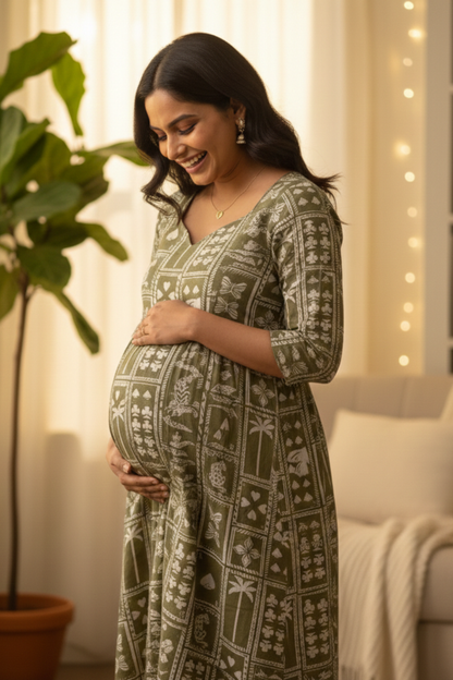 Olive Green Tribal Print Maternity Dress