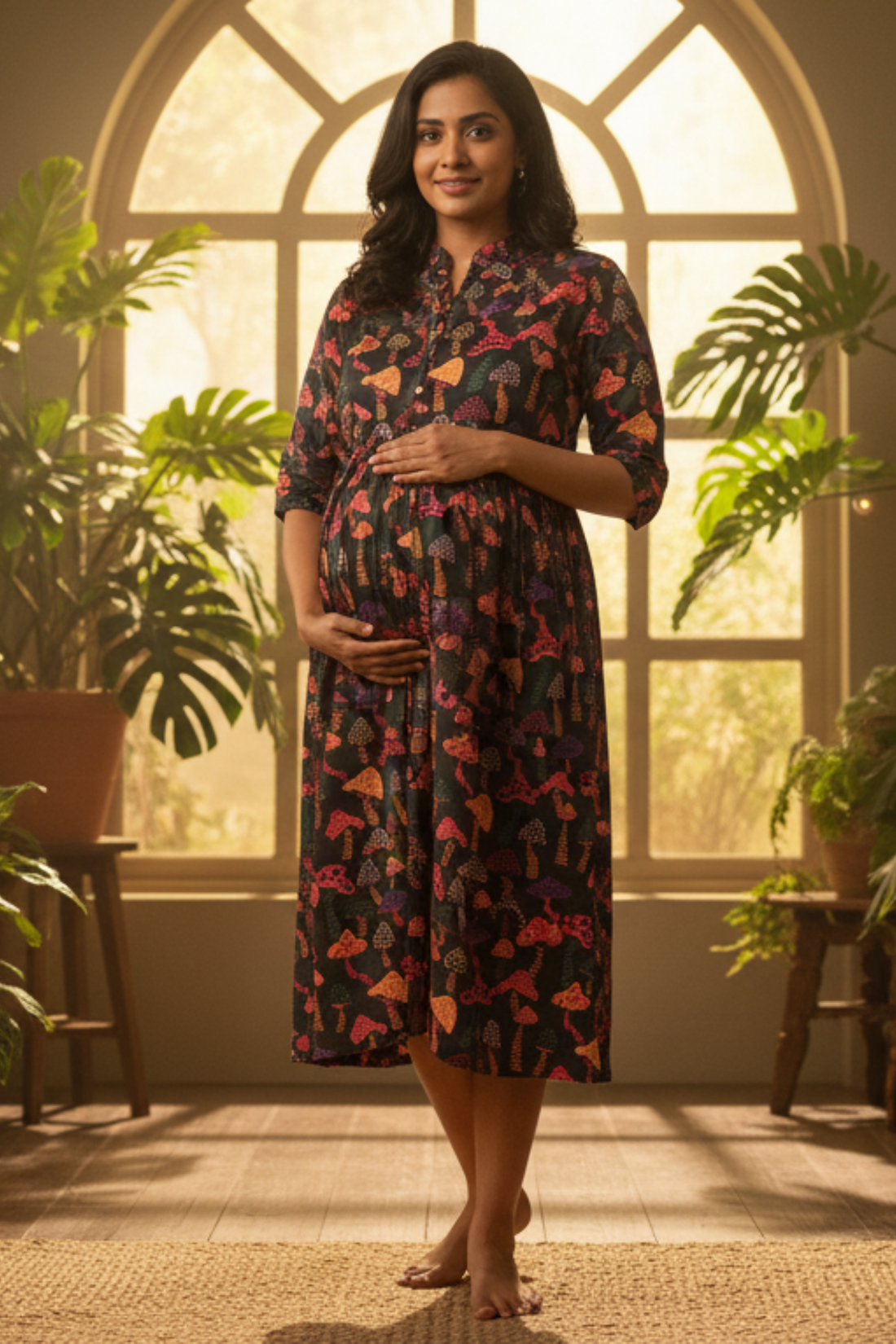 Mushroom Print Maternity Dress
