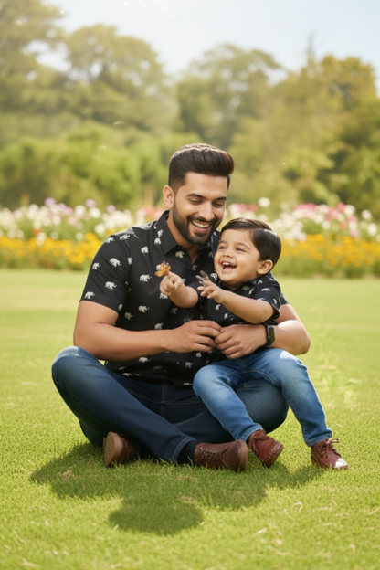 Black Elephant Print Father Son Twinning Set