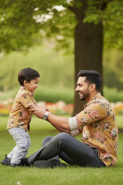 Mustard Floral Print Father Son Twinning Set