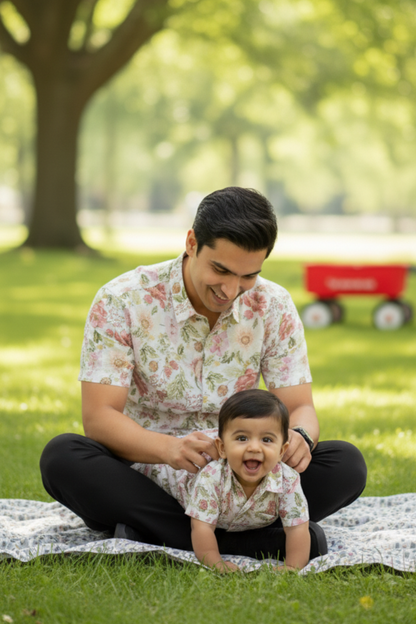 White Floral Print Father Son Twinning Set