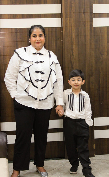 White Frill Shirt Mother Son Combo