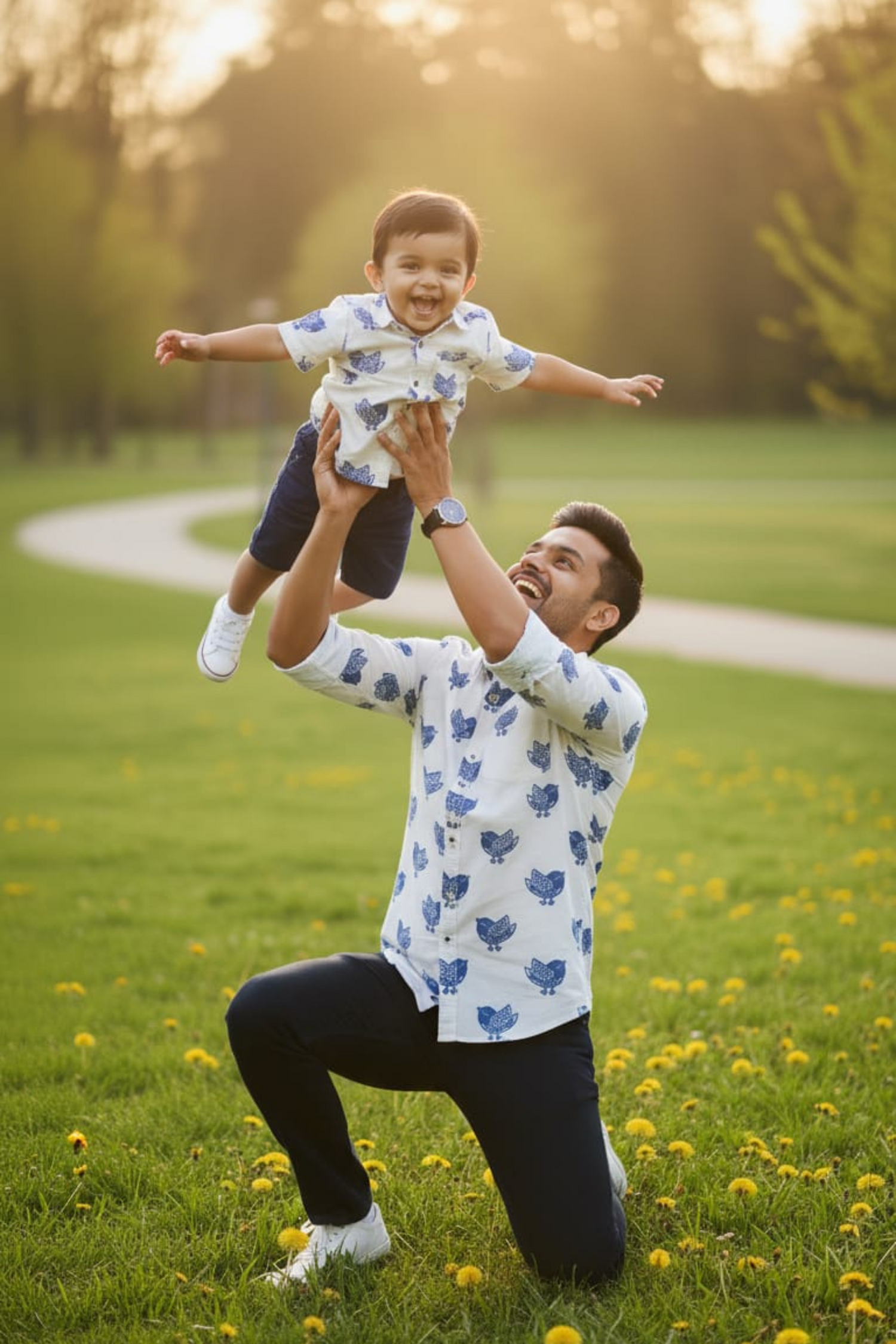 Blue Bird Print Father Son Twinning Set
