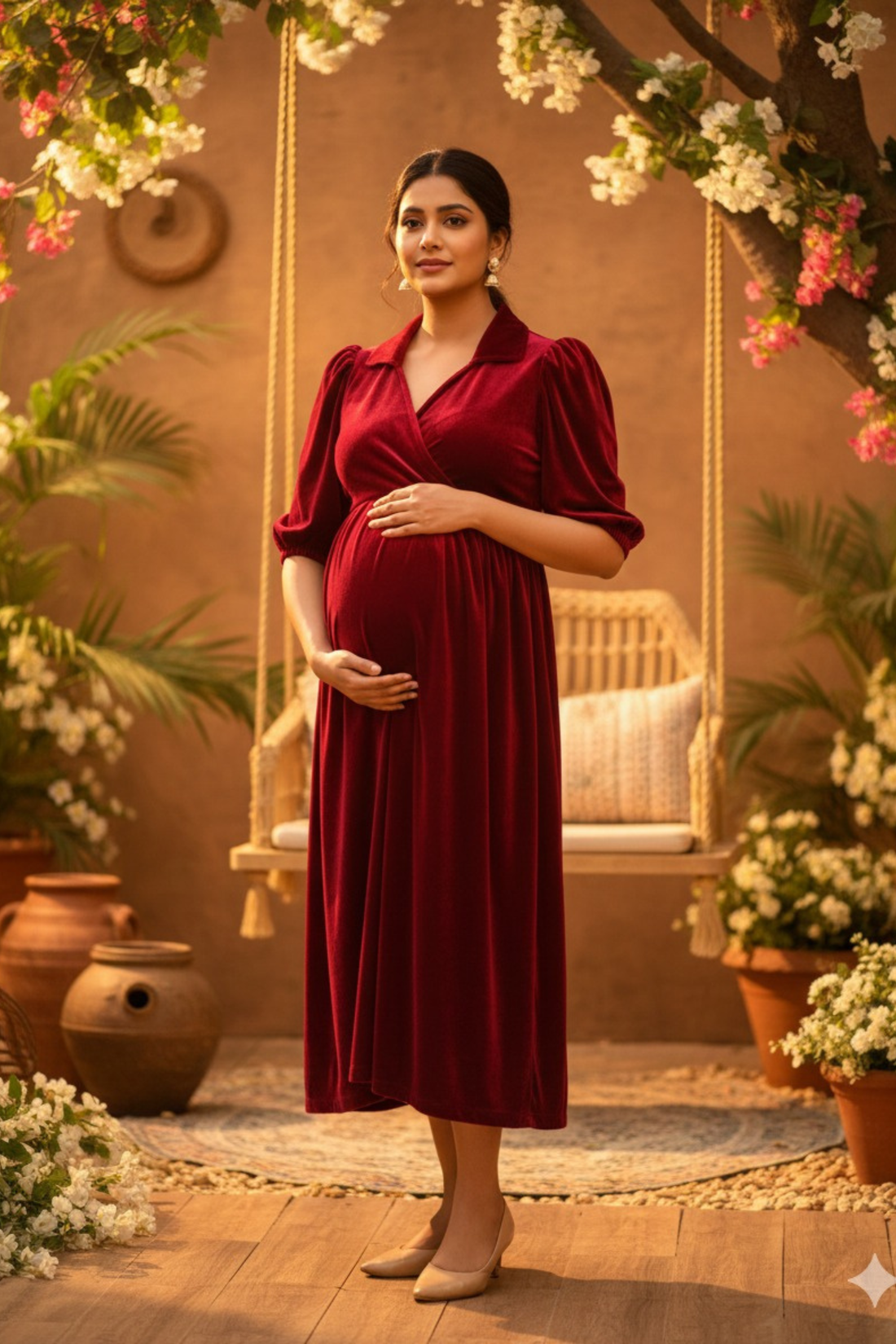 Maroon Velvet Maternity Dress