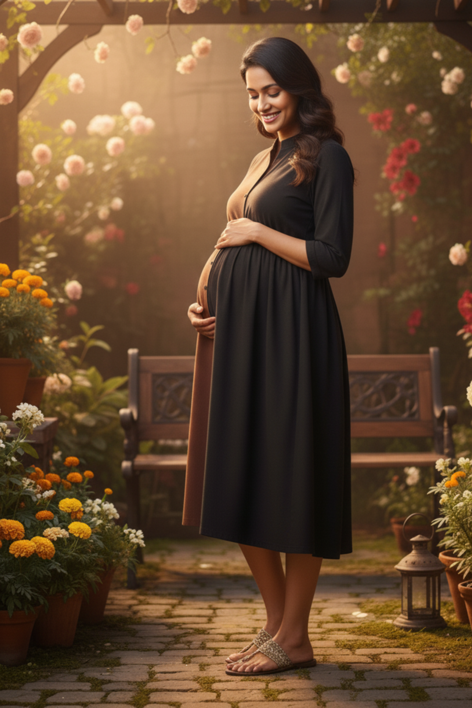 Brown and Black Colorblock Maternity Dress