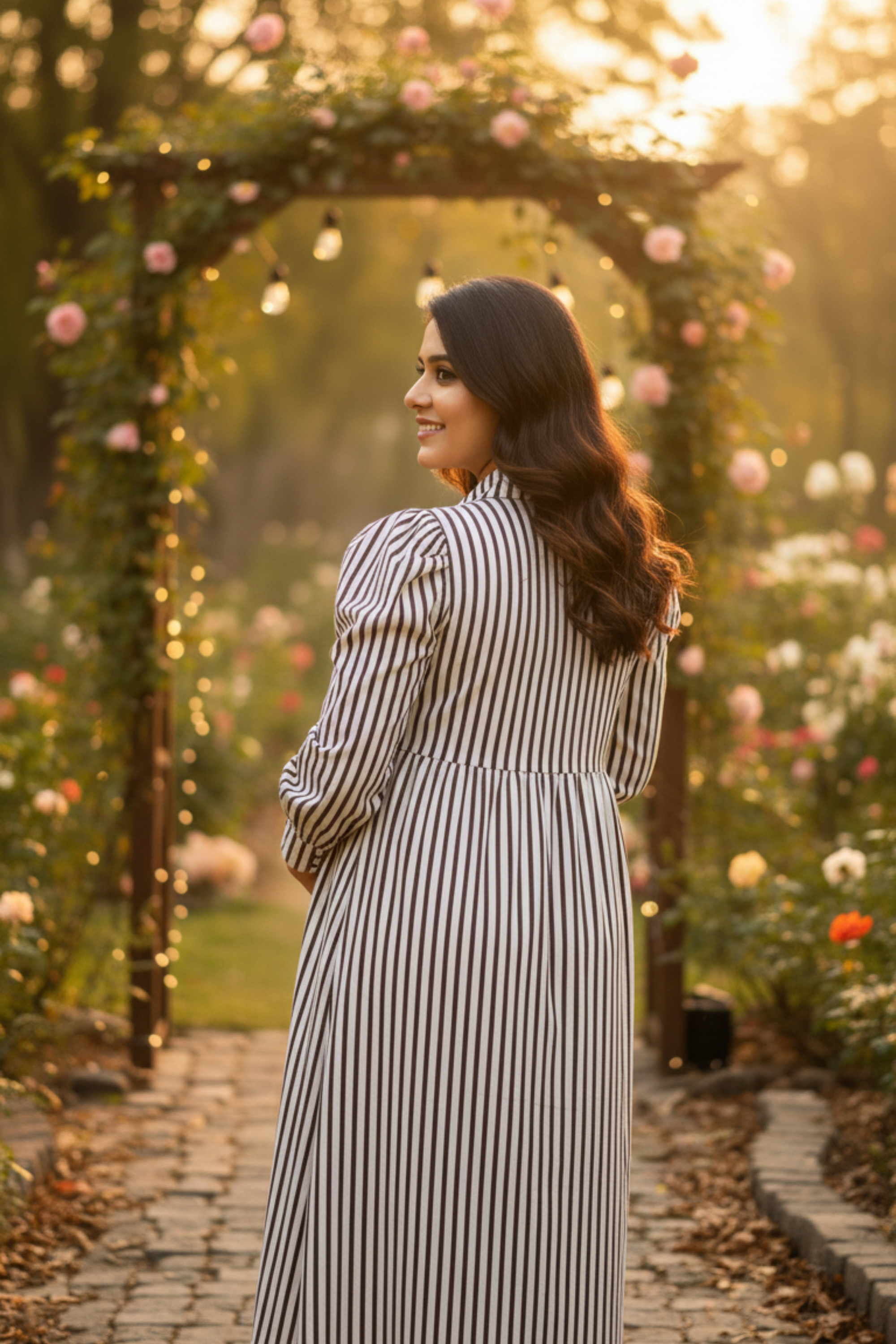 Brown and White Stripes Print Maternity Dress