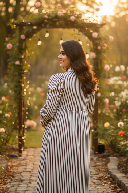 Brown and White Stripes Print Maternity Dress